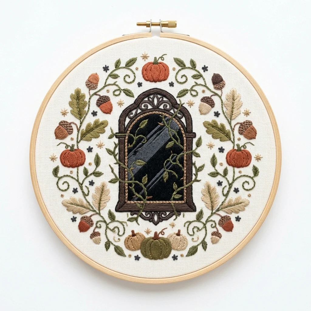 Gothic Autumn Mirror with Pumpkins Oak Vines colored hand embroidery design