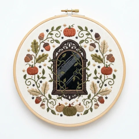 Gothic Autumn Mirror with Pumpkins Oak Vines hand embroidery design