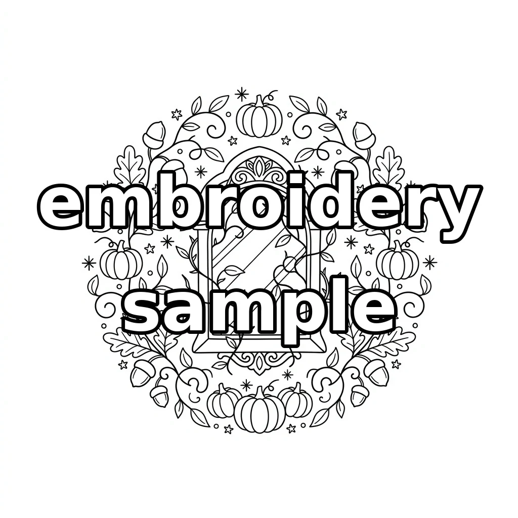 Watermarked Gothic Autumn Mirror with Pumpkins Oak Vines embroidery outline