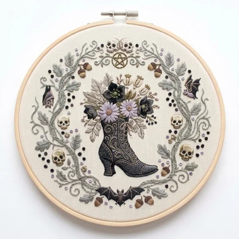 Gothic Boot Skulls Bats Florals hand embroidery design