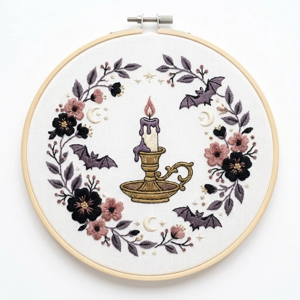 Gothic Candle Bats Floral Wreath colored hand embroidery design