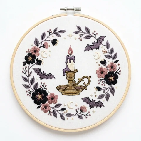 Gothic Candle Bats Floral Wreath hand embroidery design