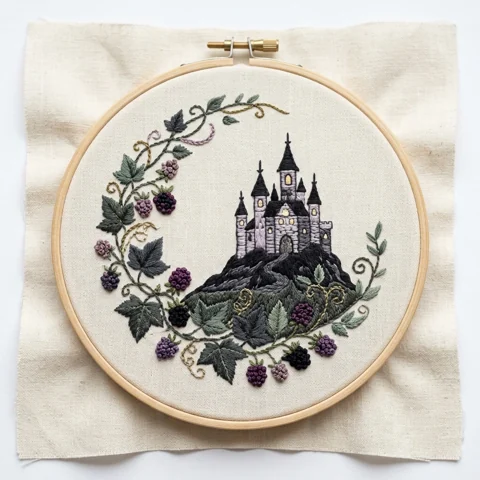 Gothic Castle Mountain Berry Vine hand embroidery design