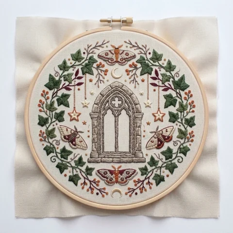 Gothic Chapel Window Ivy Lunar Moths hand embroidery design