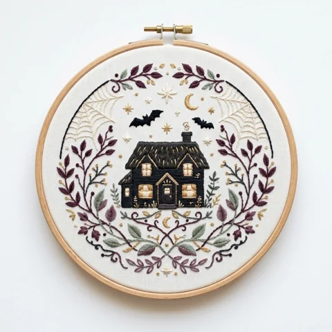 Gothic Cottage Bats Spiderweb Moon Wreath hand embroidery design