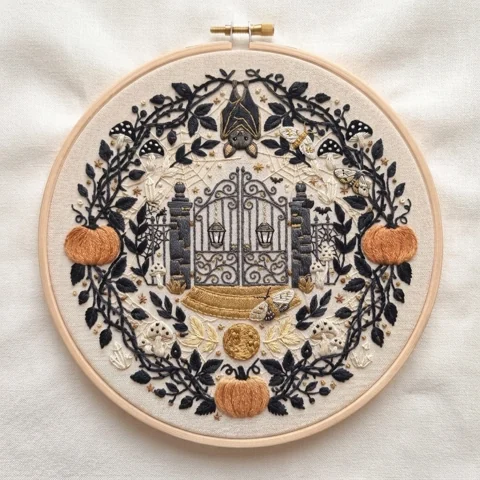 Gothic Garden Gate Bat Pumpkin Wreath hand embroidery design