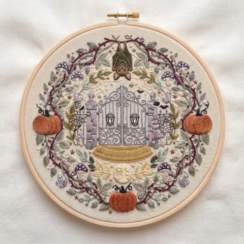 Gothic Garden Gate Bat Pumpkins Mushroom Wreath hand embroidery design