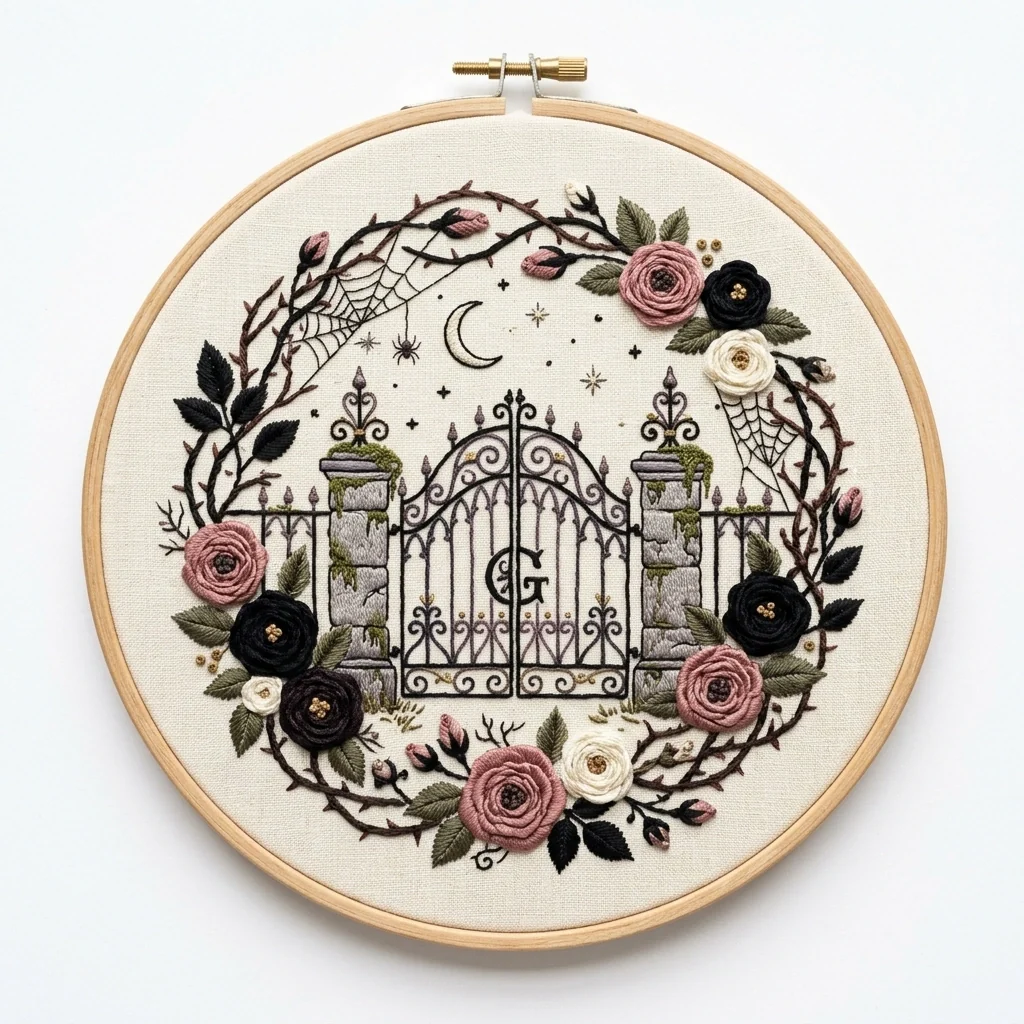 Gothic Garden Gate Roses Spider Web Wreath colored hand embroidery design