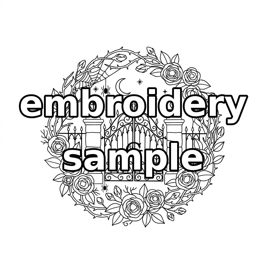 Watermarked Gothic Garden Gate Roses Spider Web Wreath embroidery outline
