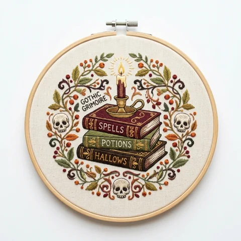 Gothic Grimoire with Spell Books Candle Skulls and Autumn Botanical hand embroidery design