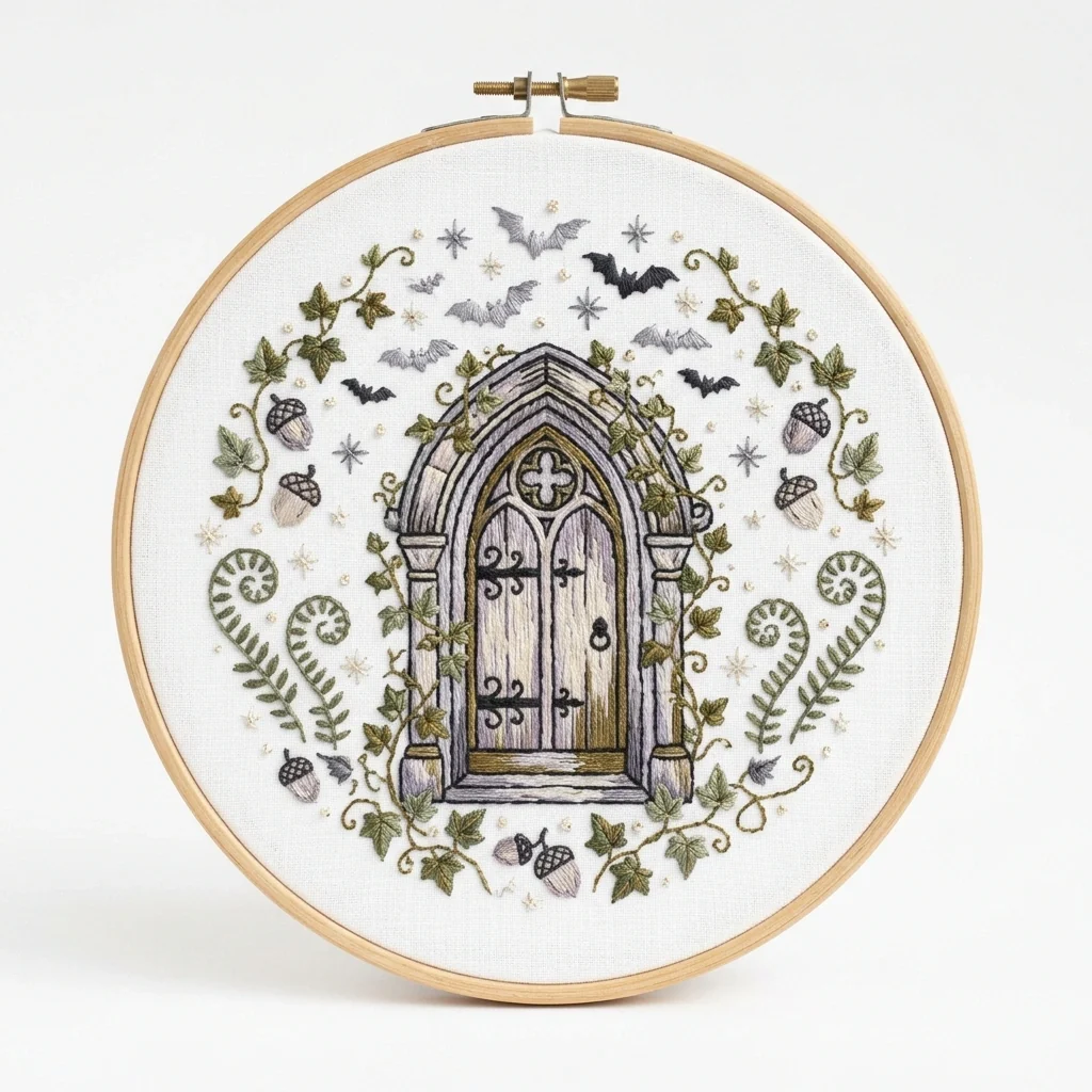 Gothic Ivy Door with Bats Ferns colored hand embroidery design