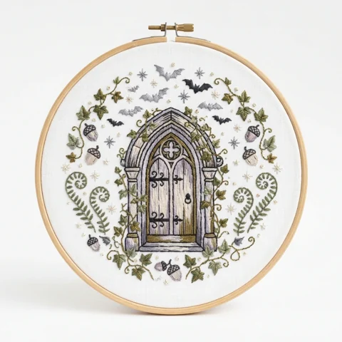 Gothic Ivy Door with Bats Ferns hand embroidery design