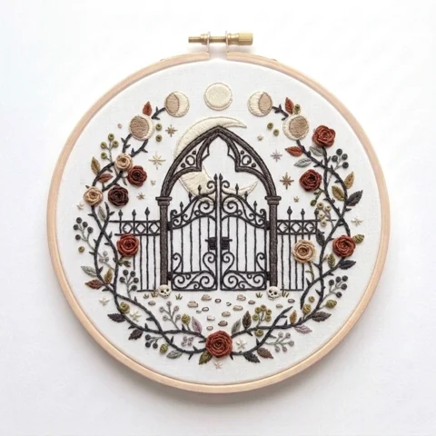 Gothic Moon Gate Autumn Rose Wreath hand embroidery design