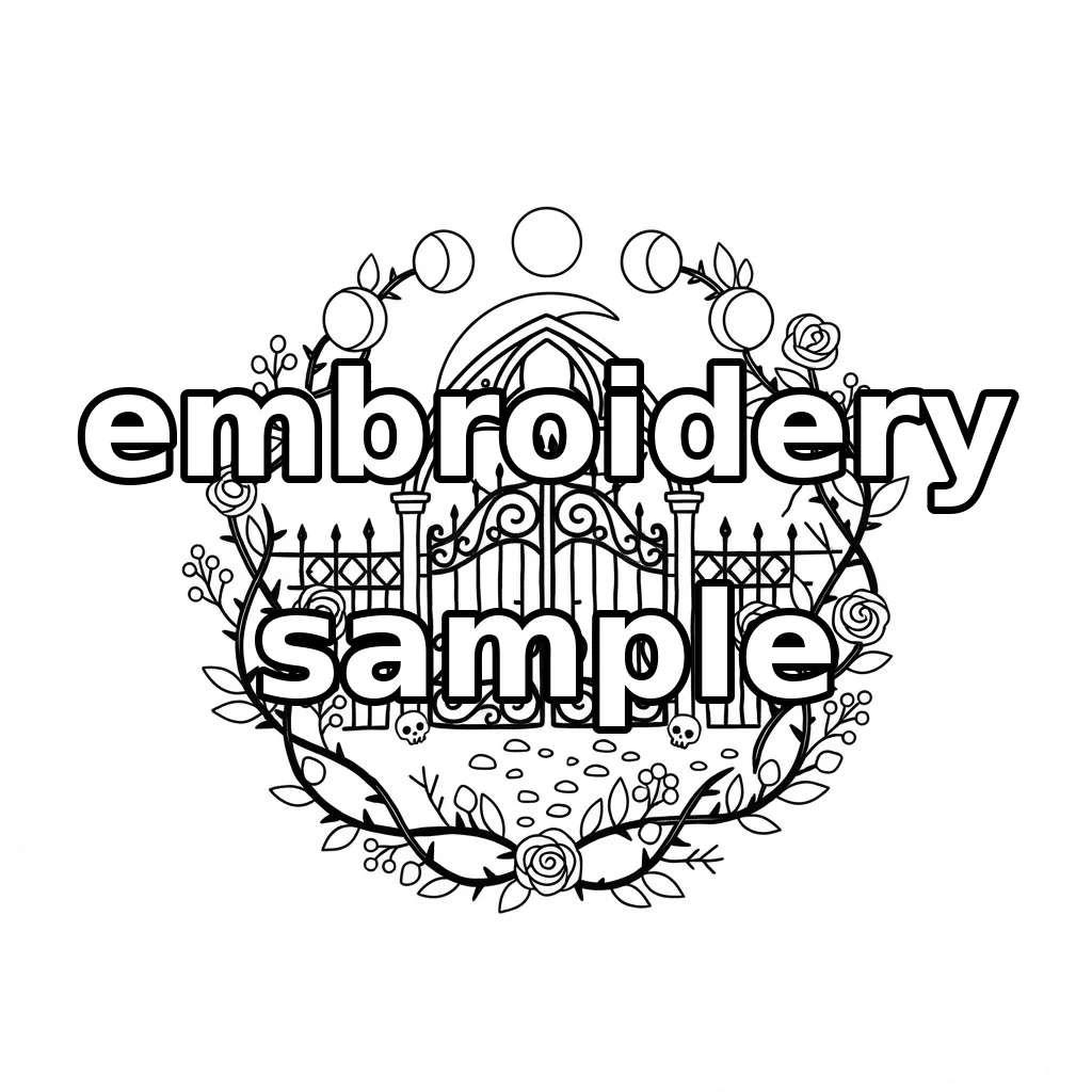 Watermarked Gothic Moon Gate Autumn Rose Wreath embroidery outline