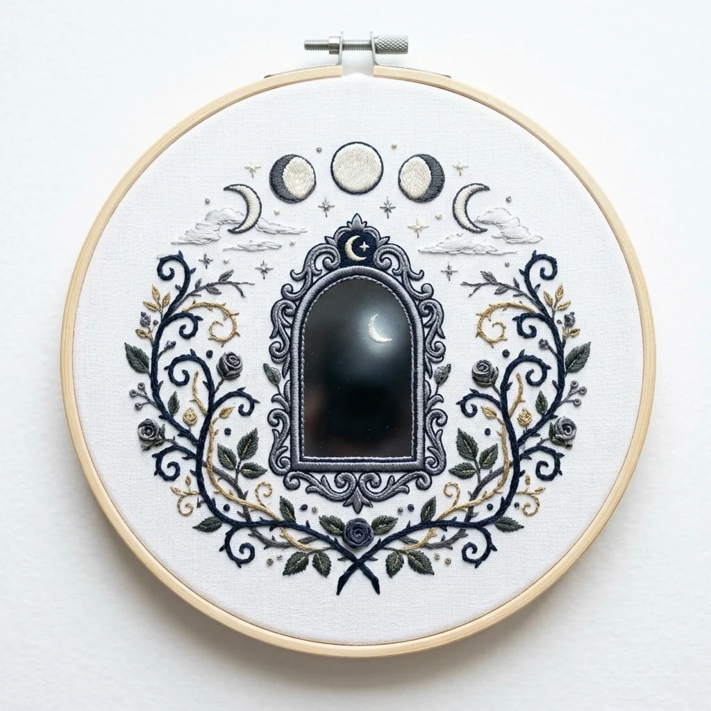 Gothic Moon Phase Mirror with Crescent Reflection and Botanical colored hand embroidery design
