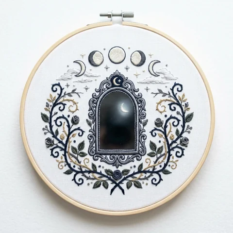 Gothic Moon Phase Mirror with Crescent Reflection and Botanical hand embroidery design
