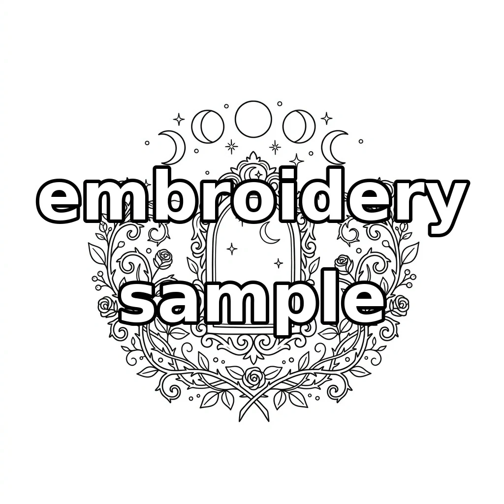 Watermarked Gothic Moon Phase Mirror with Crescent Reflection and Botanical embroidery outline