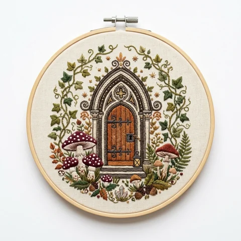 Gothic Wooden Door with Mushrooms Ivy Crystals and Woodland Botanicals hand embroidery design