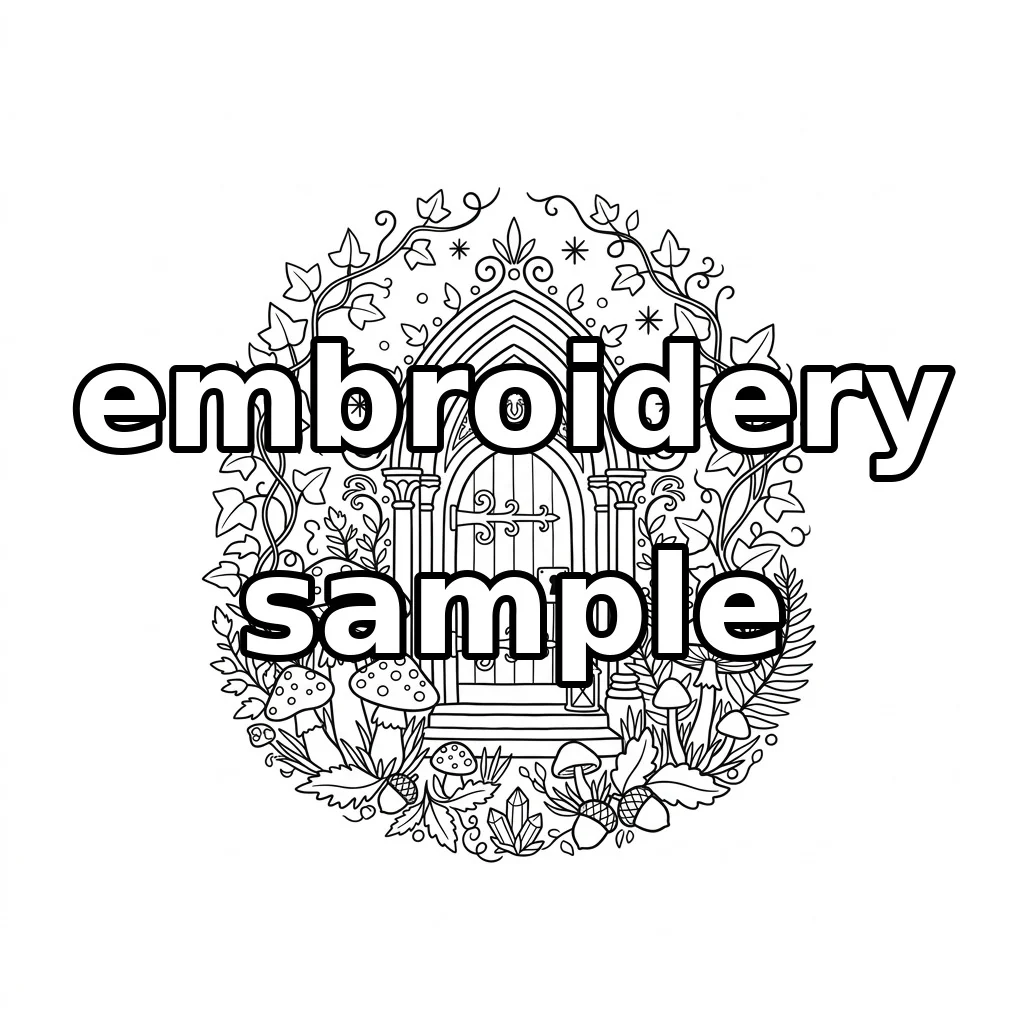 Watermarked Gothic Wooden Door with Mushrooms Ivy Crystals and Woodland Botanicals embroidery outline