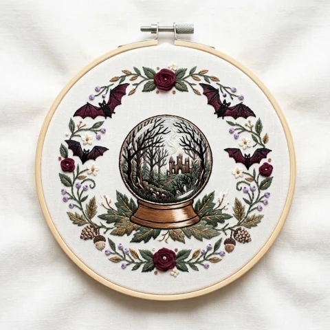 Gothic Woodland Globe Bats Botanical Wreath hand embroidery design