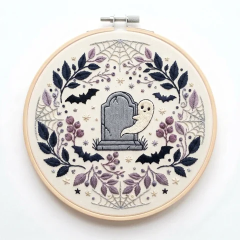 Gravestone Ghost Bats Spider Web Botanical Wreath hand embroidery design