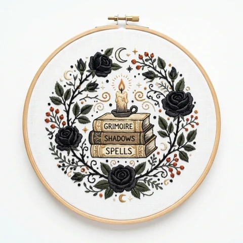 Grimoire Stack Candle Black Rose Botanical Wreath hand embroidery design