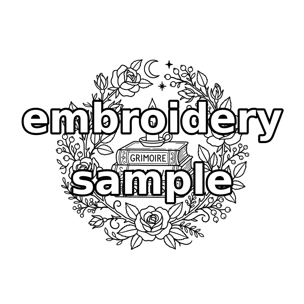 Watermarked Grimoire Stack Candle Black Rose Botanical Wreath embroidery outline