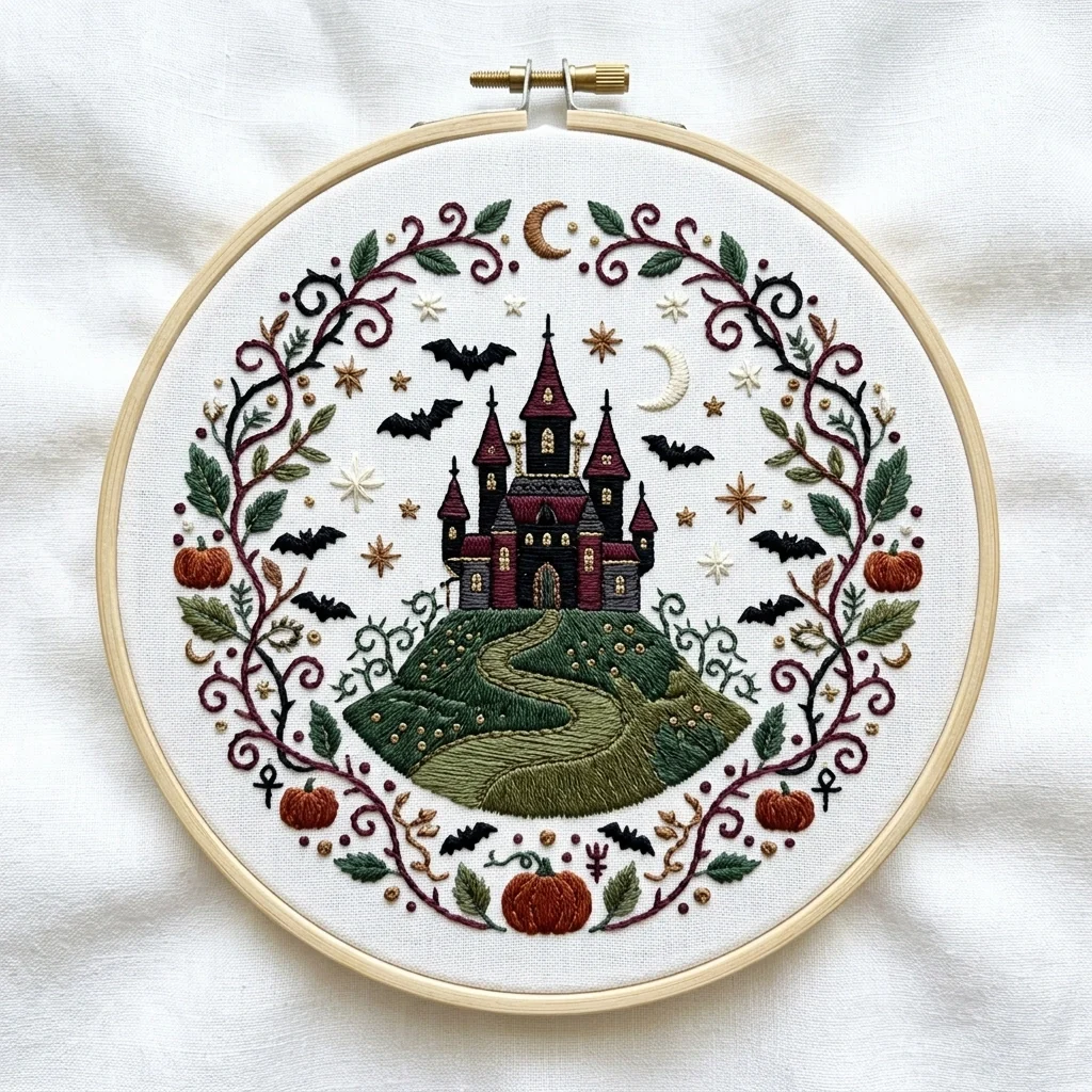 Halloween Castle Bats Pumpkin Wreath colored hand embroidery design