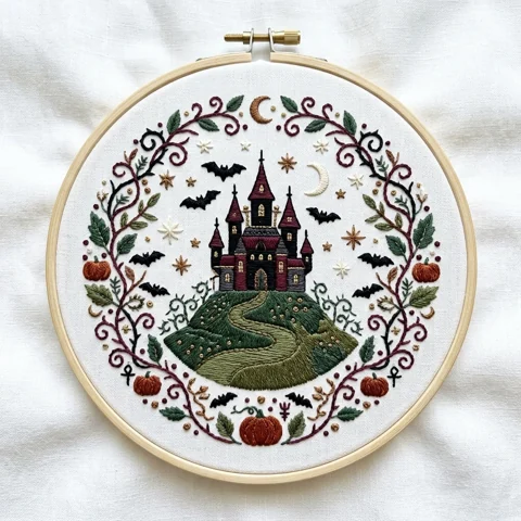 Halloween Castle Bats Pumpkin Wreath hand embroidery design