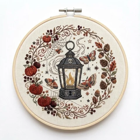 Halloween Lantern Pumpkins Moths Autumn Wreath hand embroidery design