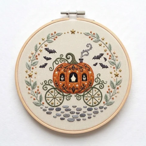 Halloween Pumpkin Carriage with Bats Chimney Smoke Stars hand embroidery design