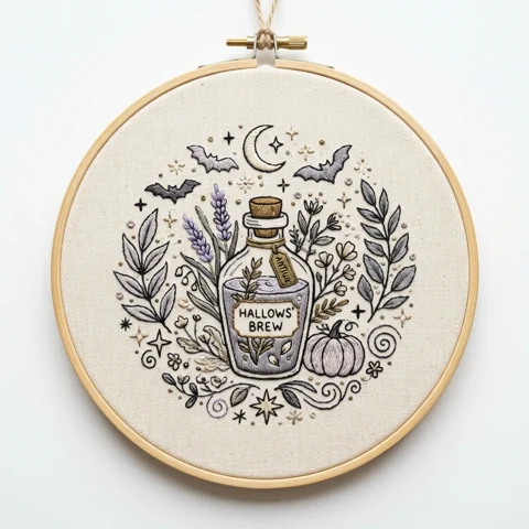 Hallows Brew Bottle Bats Lavender Botanical Wreath hand embroidery design