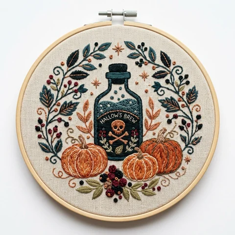 Hallows Brew Bottle Pumpkins Botanical Wreath hand embroidery design