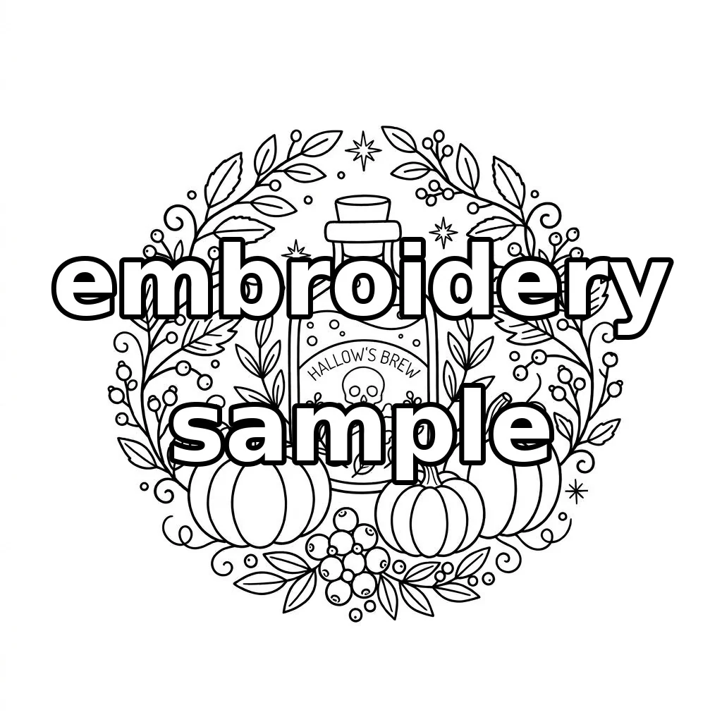 Watermarked Hallows Brew Bottle Pumpkins Botanical Wreath embroidery outline
