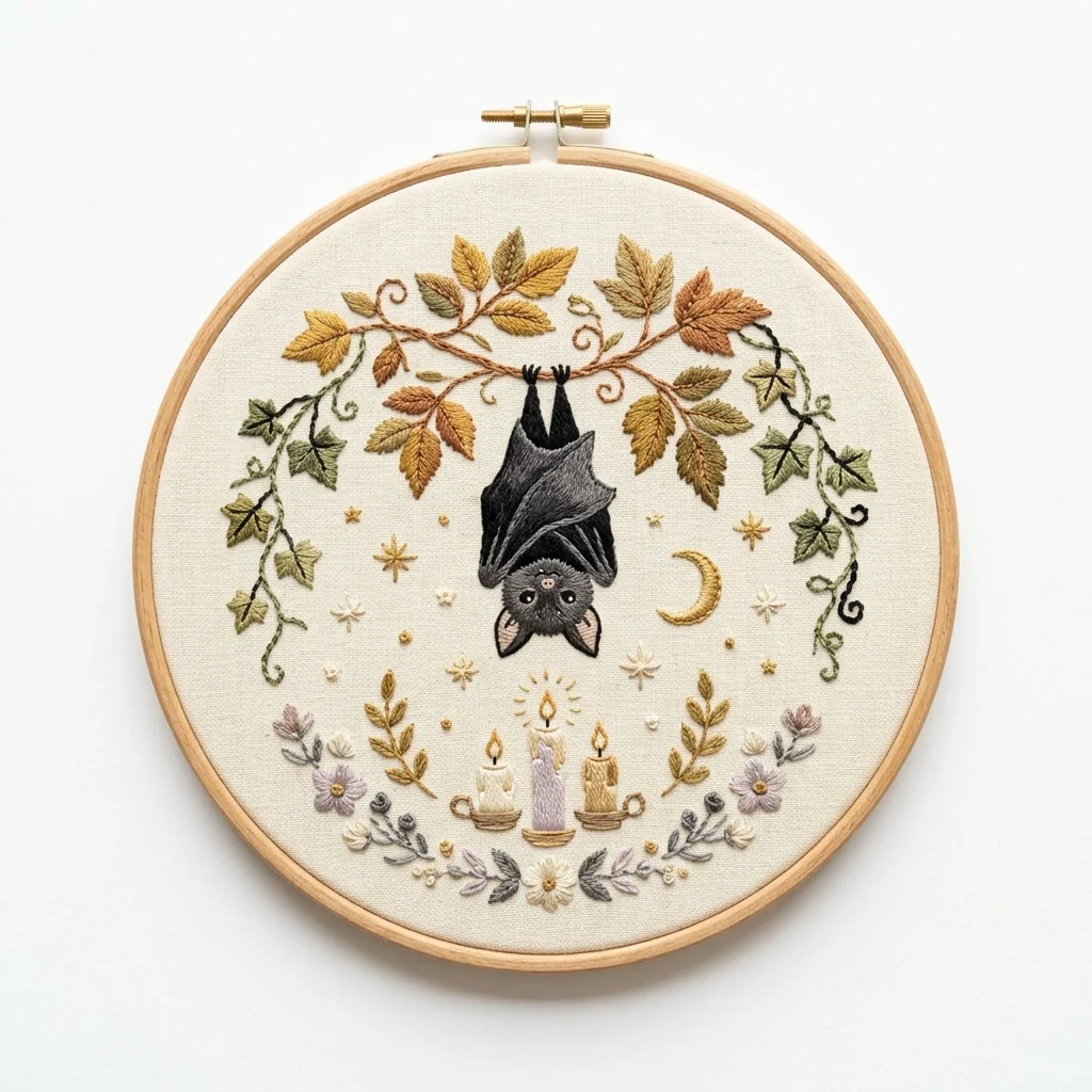 Hanging Bat Autumn Botanical colored hand embroidery design