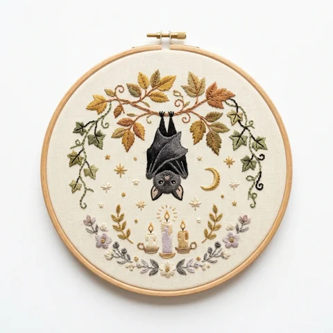 Hanging Bat Autumn Botanical hand embroidery design