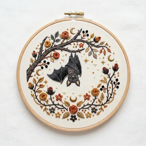 Hanging Bat Autumn Floral Wreath hand embroidery design