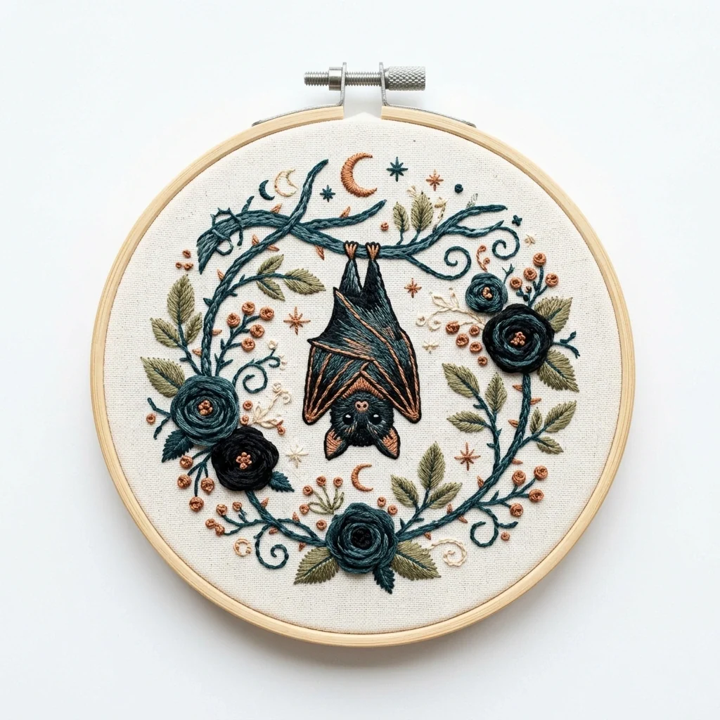 Hanging Bat Moon Dark Floral Wreath colored hand embroidery design
