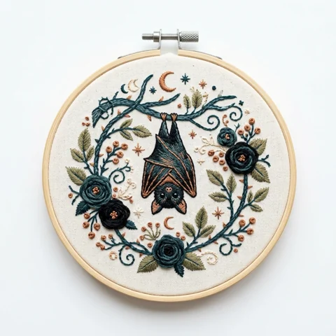 Hanging Bat Moon Dark Floral Wreath hand embroidery design