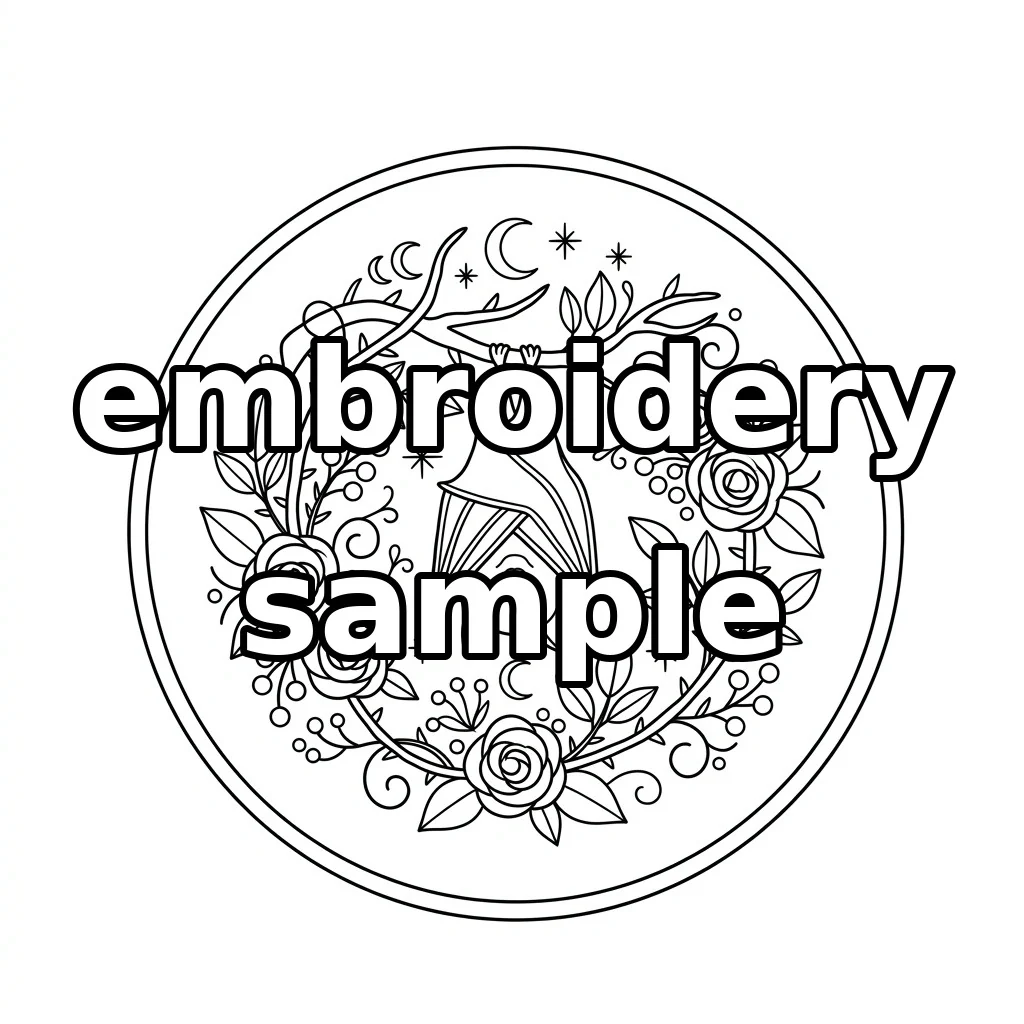 Watermarked Hanging Bat Moon Dark Floral Wreath embroidery outline