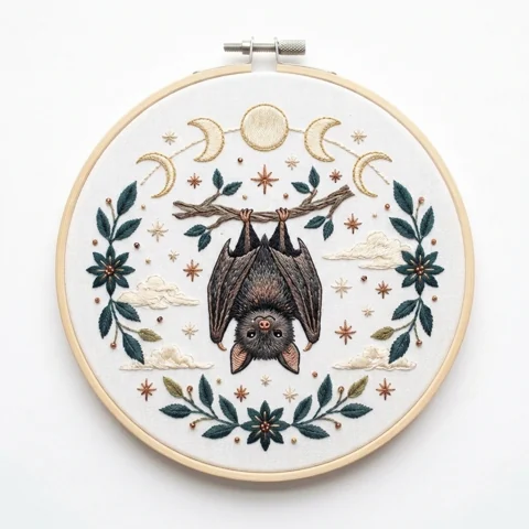 Hanging Bat Moon Phases Teal Floral Wreath hand embroidery design