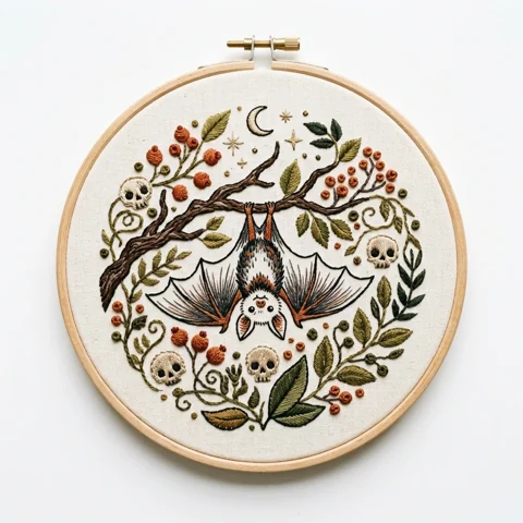 Hanging Bat with Four Skulls Crescent Moon and Autumn Botanical Wreath hand embroidery design