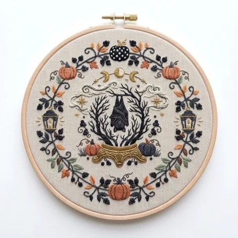 Hanging Bat with Lanterns Pumpkins Moon Phases and Botanical Berry hand embroidery design