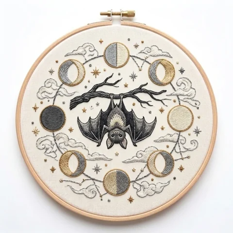 Hanging Bat with Lunar Phase Ring Clouds Stars hand embroidery design
