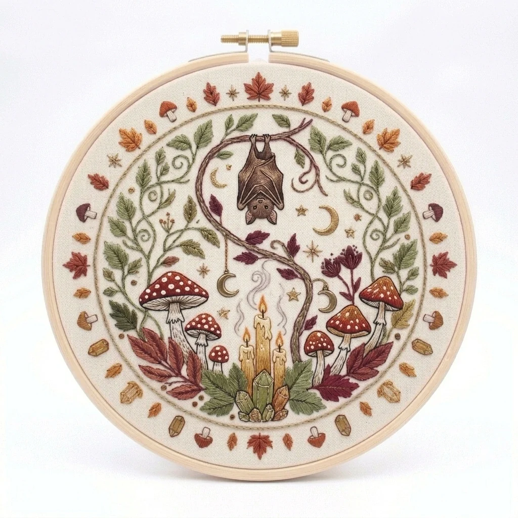 Hanging Bat with Woodland Mushrooms Candles Crescents Crystals colored hand embroidery design