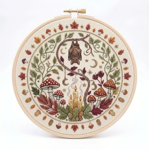 Hanging Bat with Woodland Mushrooms Candles Crescents Crystals hand embroidery design