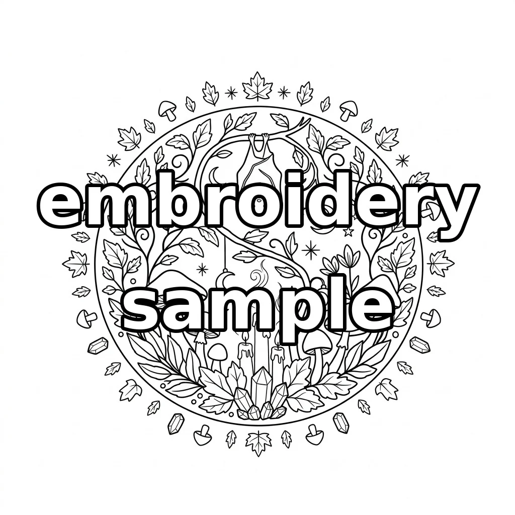 Watermarked Hanging Bat with Woodland Mushrooms Candles Crescents Crystals embroidery outline