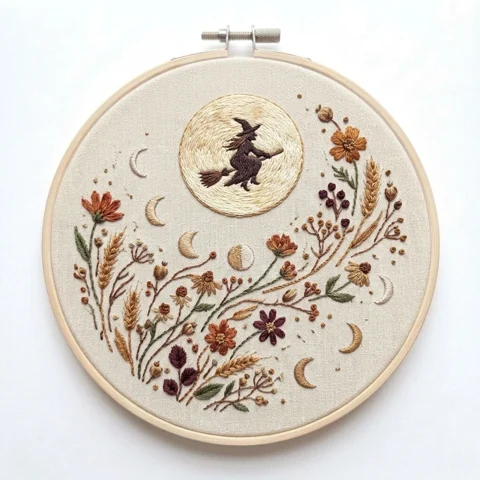 Harvest Moon Witch Autumn Botanical Crescent hand embroidery design
