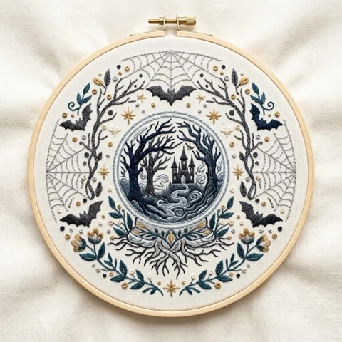 Haunted Castle Crystal Ball Bat Wreath hand embroidery design