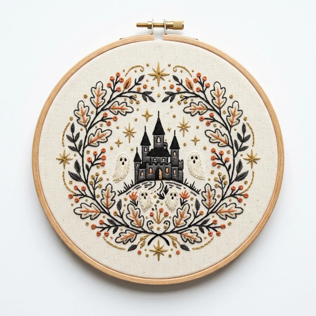 Haunted Castle Ghosts Autumn Wreath colored hand embroidery design